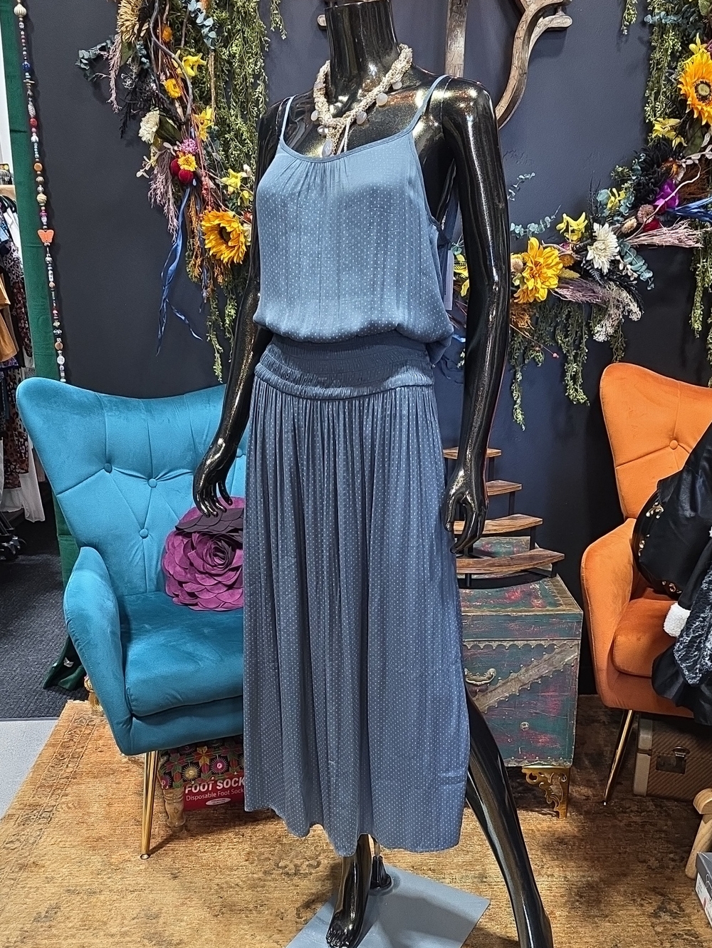 Free People Grayish Blue Subtle Polka Dot Smocked-Waist Maxi Dress